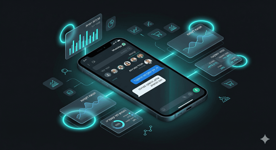 WhatsApp bot showcase — isometric phone with data cards